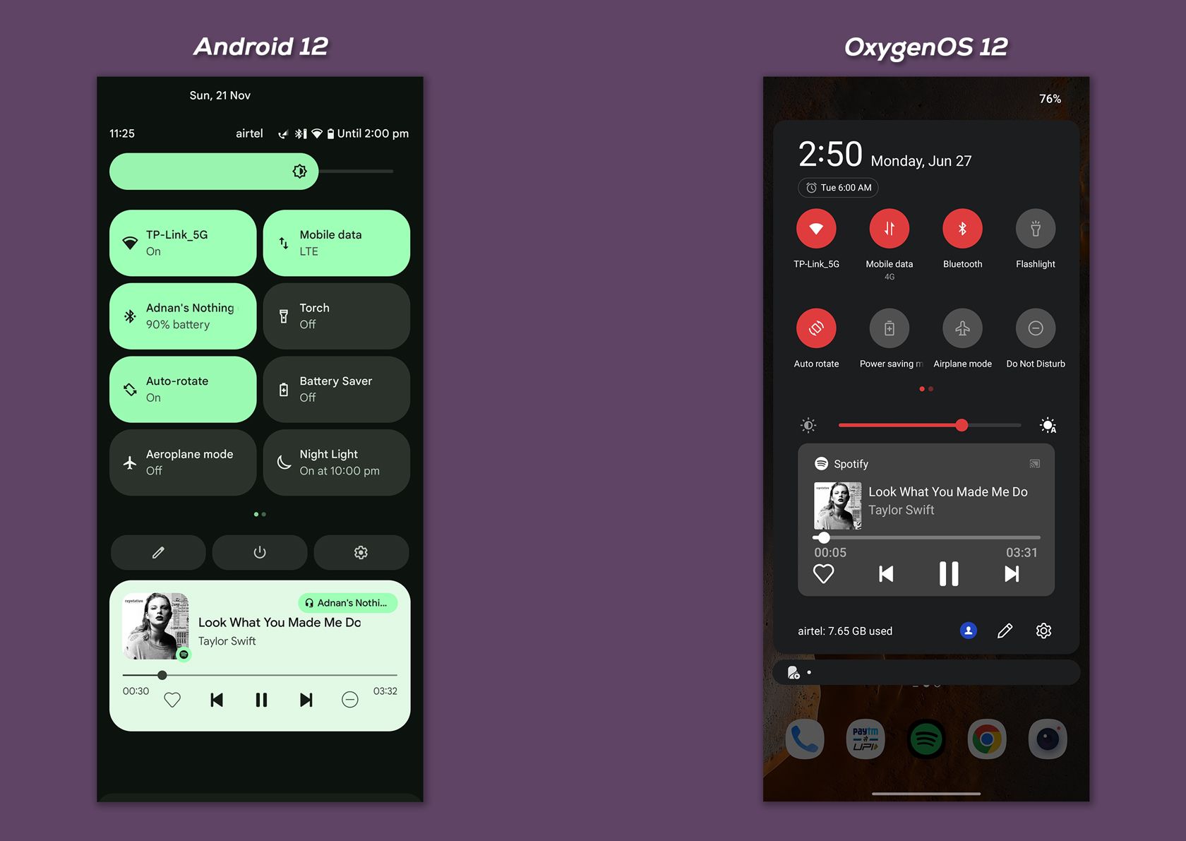 Android 12 vs OxygenOS 12 Material You colors in quick toggles menu