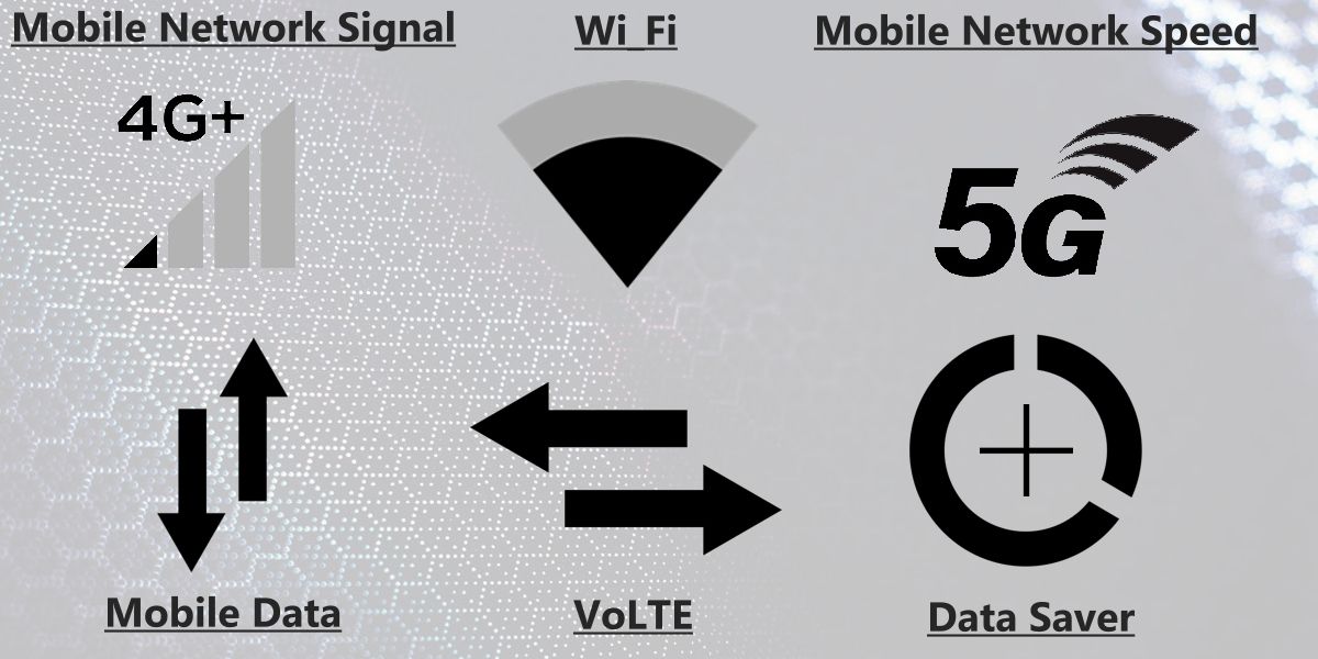 A collection of Android data icons; Wi-Fi, data speed, VoLTE, and data saver.