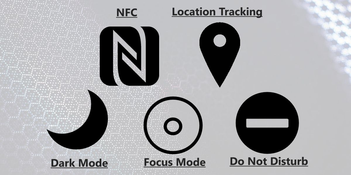 Miscellaneous Android icons; NFC, location tracking, dark mode, focus mode, and do not disturb.