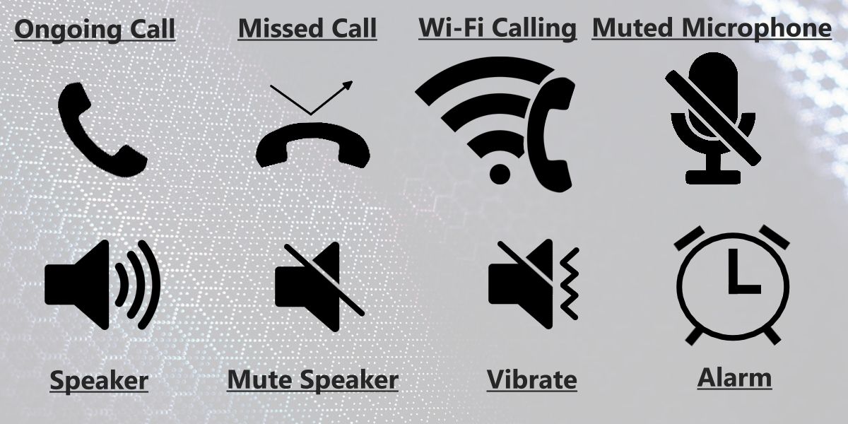 A collection of Android sound icons; call, missed call, Wi-Fi call, speaker variations, and alarm.