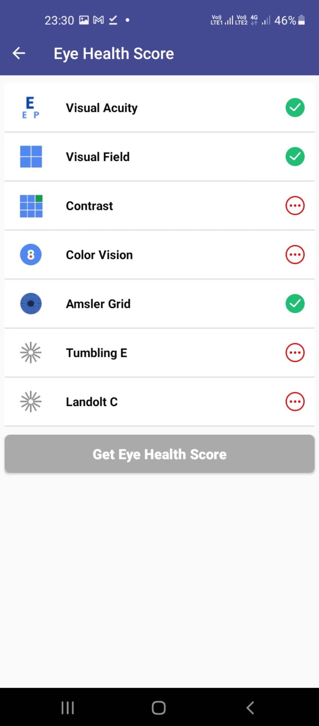 Visual acuity tests and Eye Health score