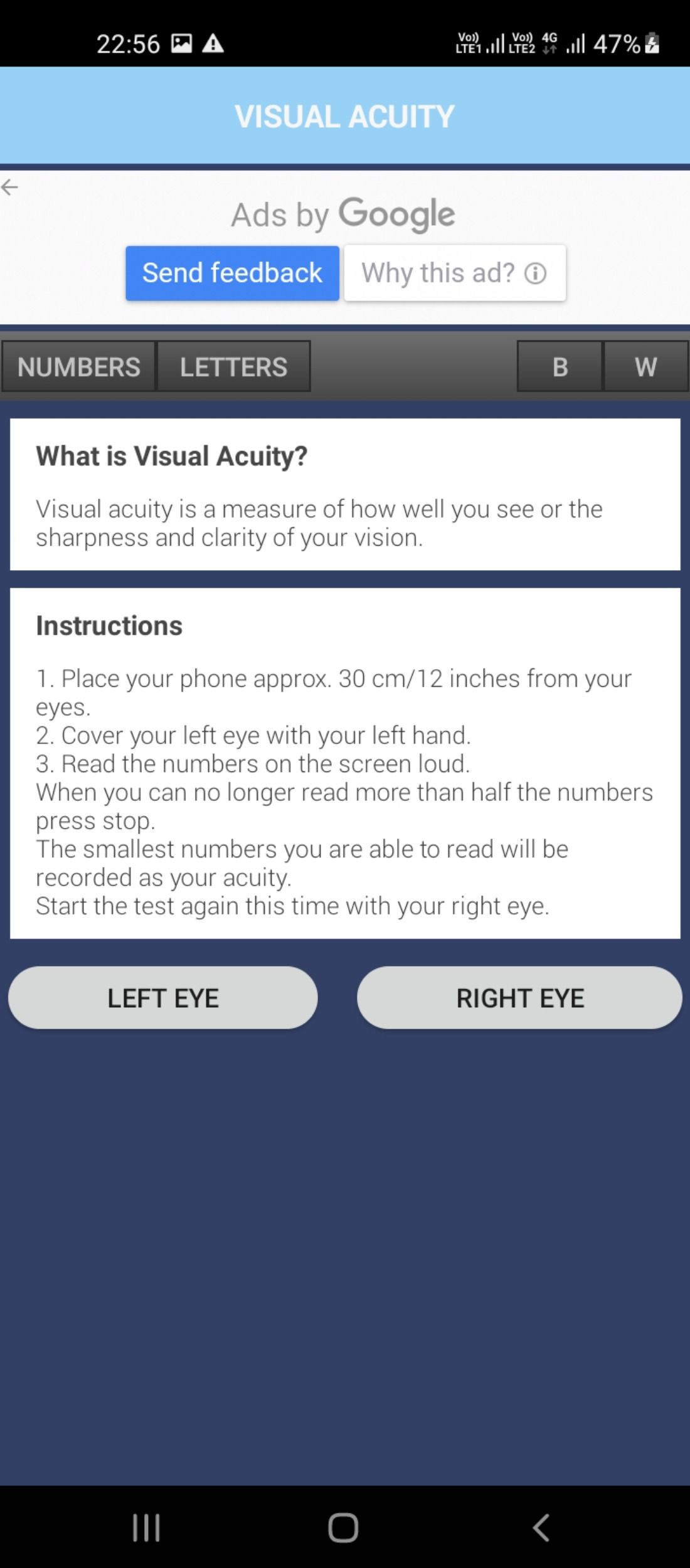 Visual acuity eye tests in Eye Vision app