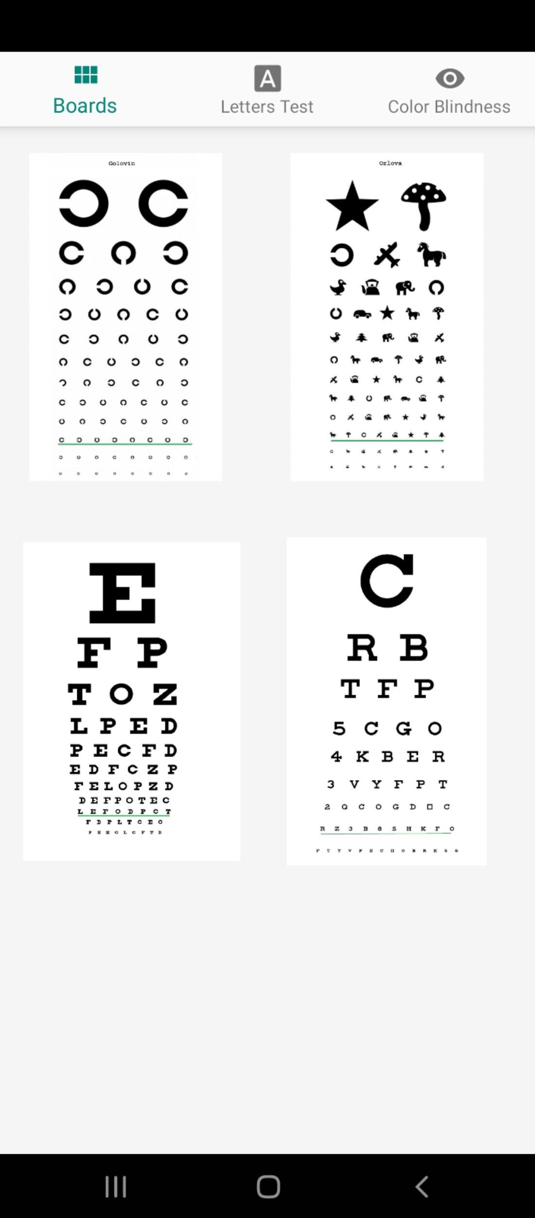 Snellen charts for testing visual acuity