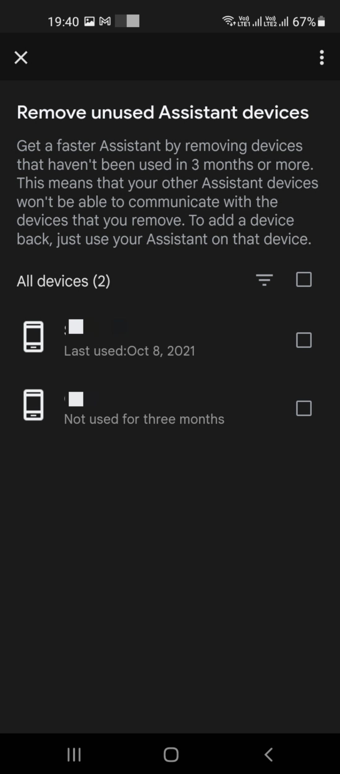 Idle devices in Google assistant settings