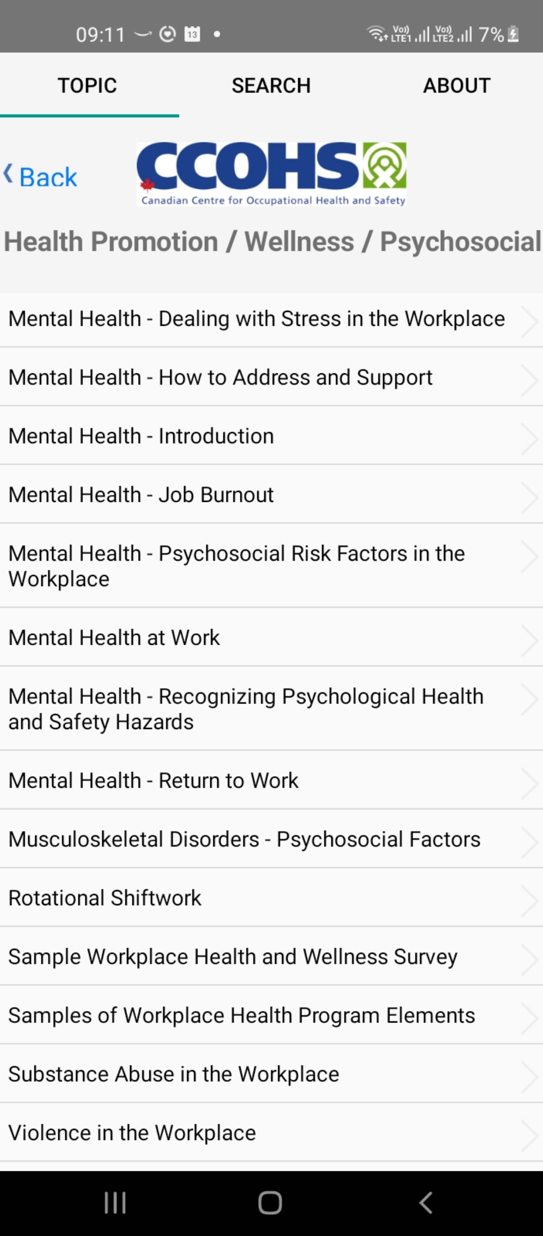 Health and wellness resources in the OHS Answers app