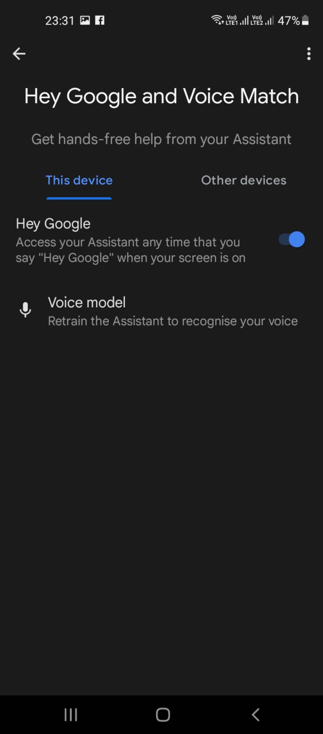 Voice match settings in Google