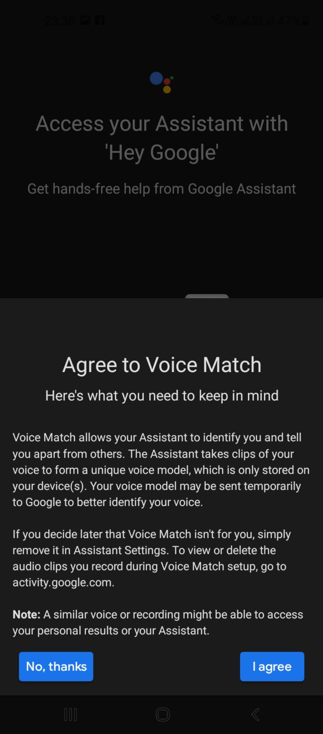 Voice match settings permissions