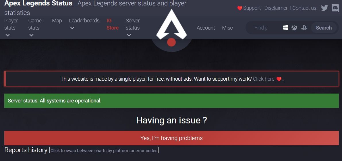 Halaman web status Server Apex Legends