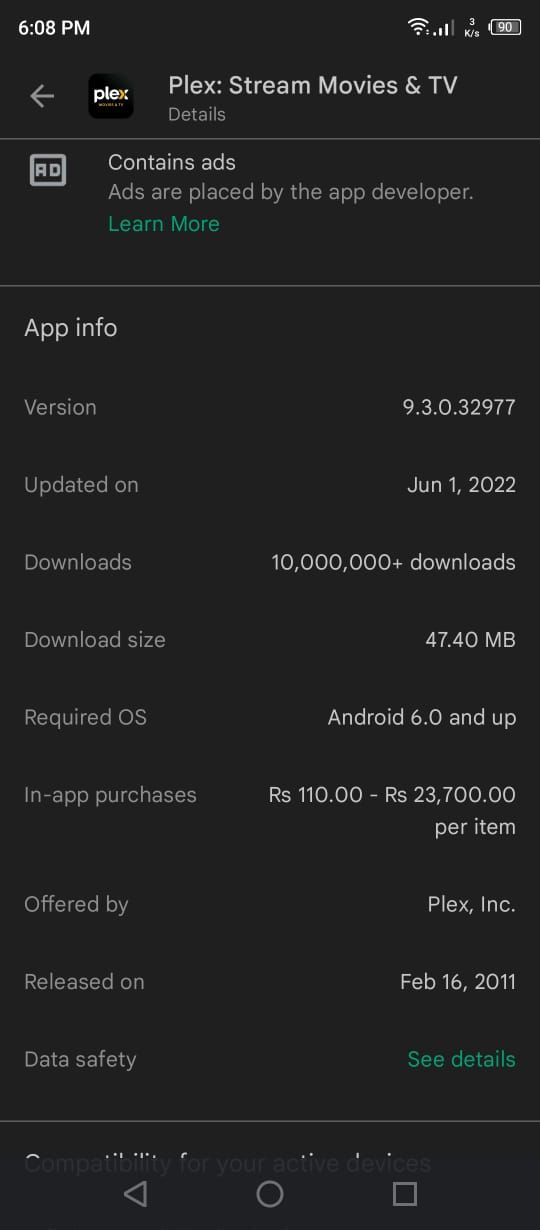 App Info of the Plex App for Android