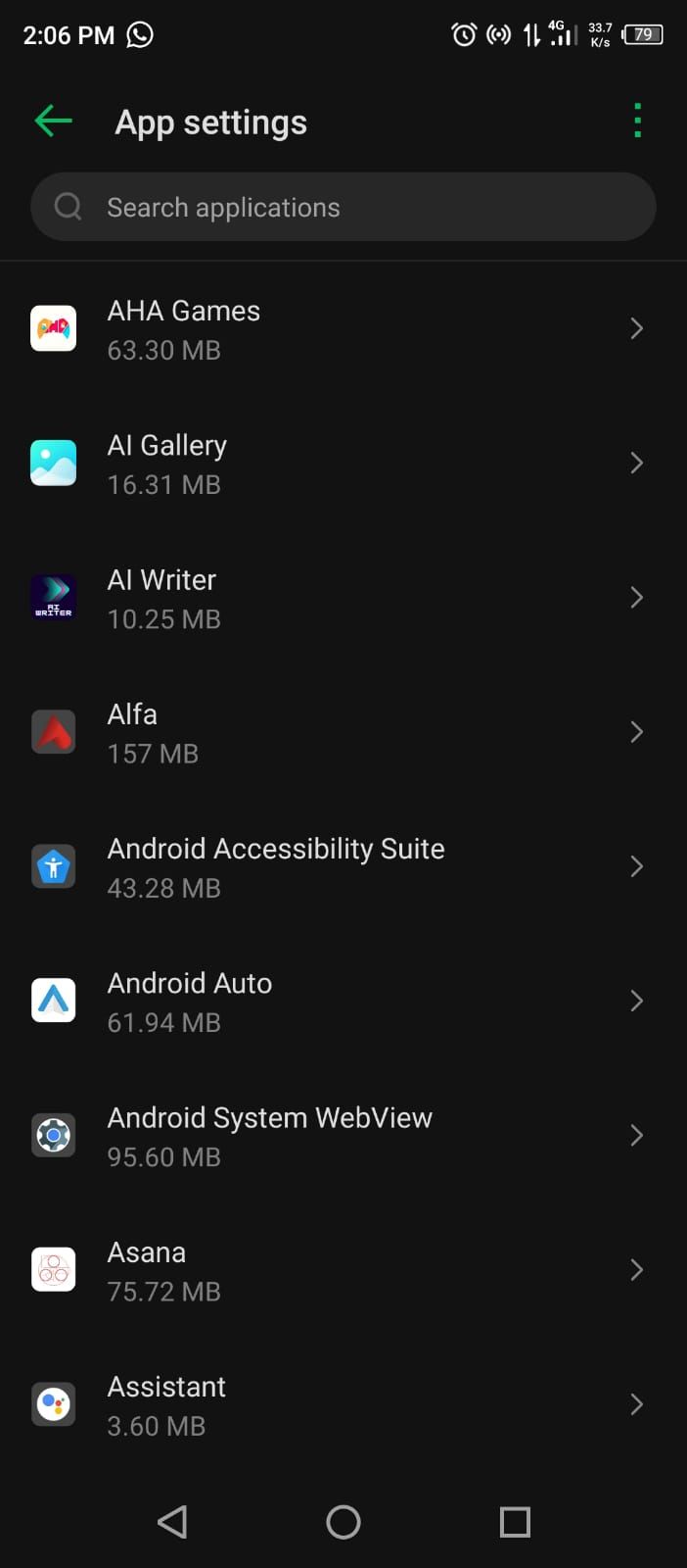 App List in App Management in Android Settings