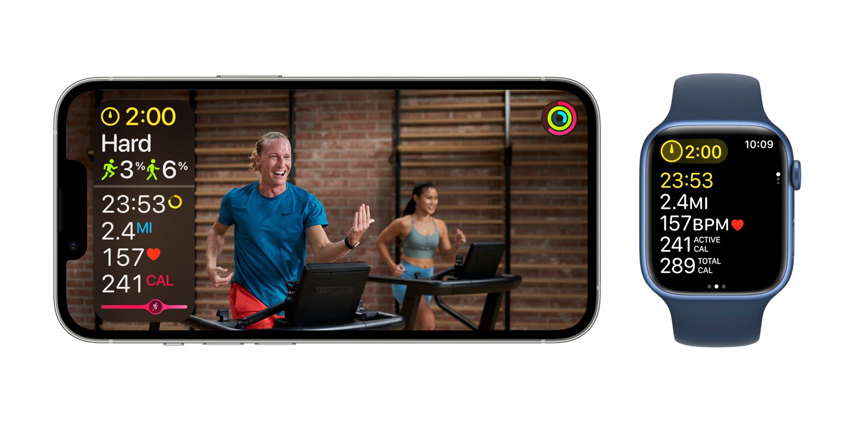 Apple Fitness Plus workout shown on iPhone screen and Apple Watch face