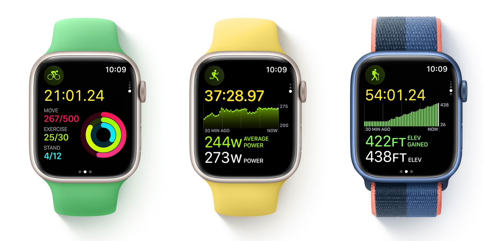 A row of Apple Watches showing different elements of the watch OS9 workout features