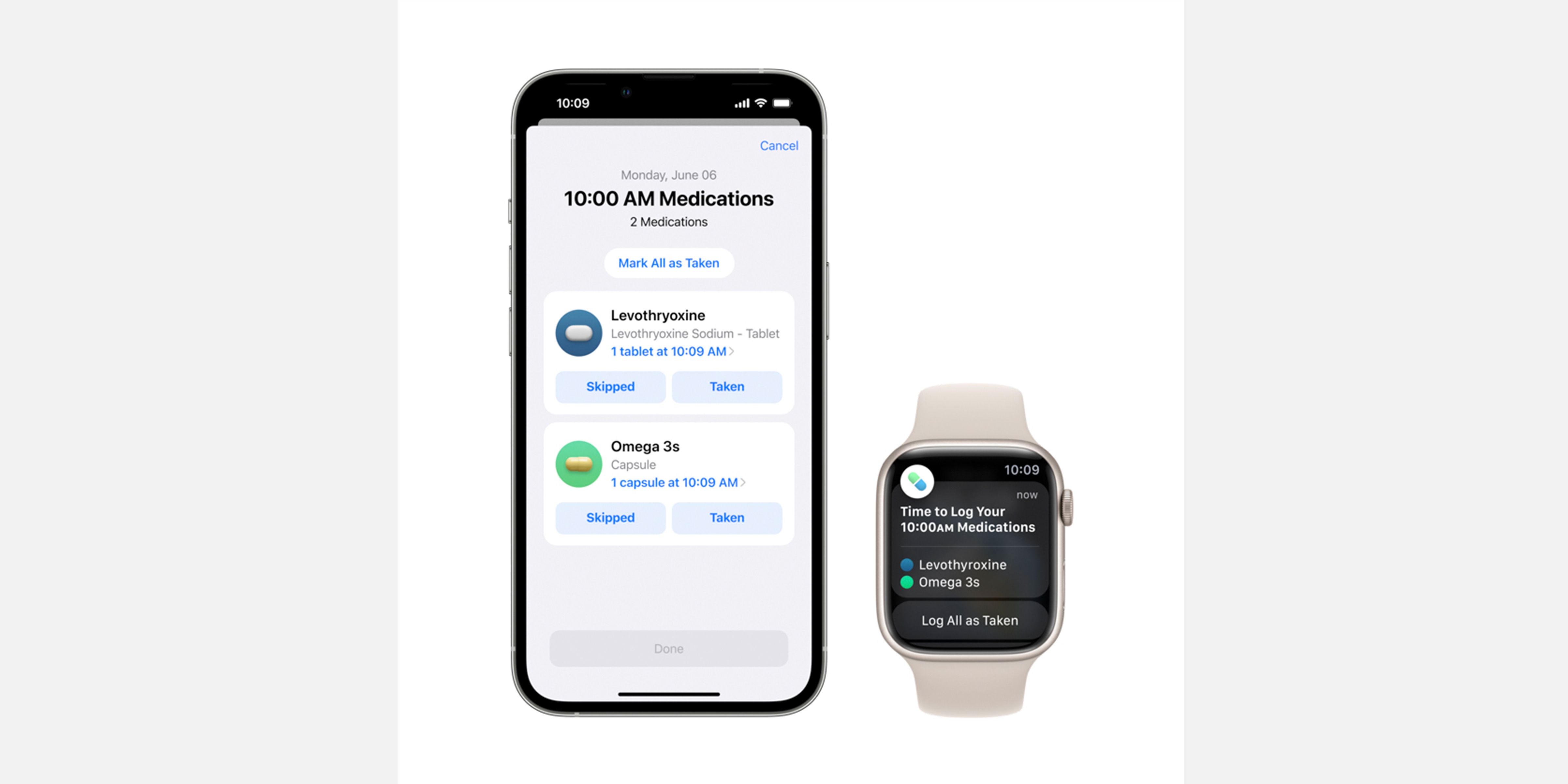Apple iPhone and Apple Watch display showing the Apple Medications feature