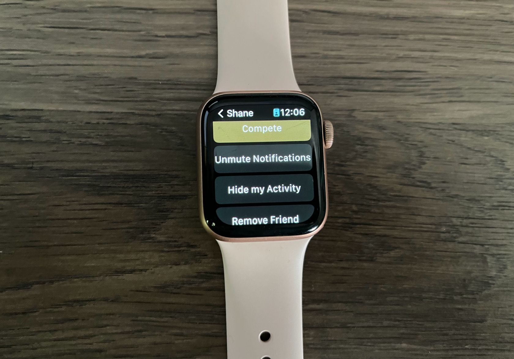 A watch with fitness stat sharing options on display