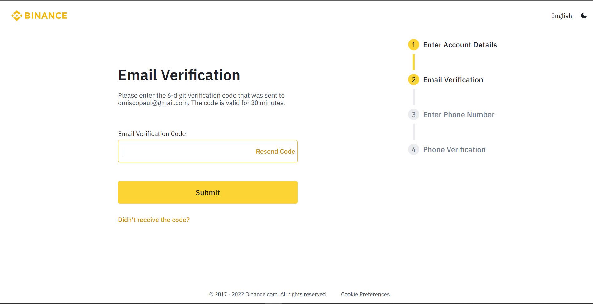 Binance email verification page