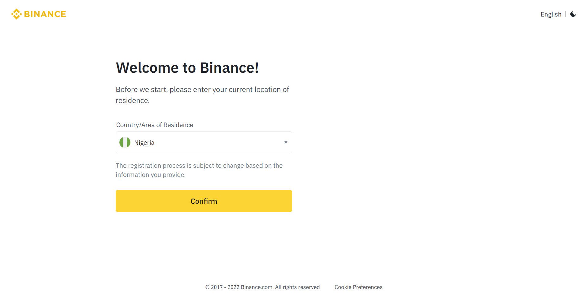 Binance registration country confirmation page