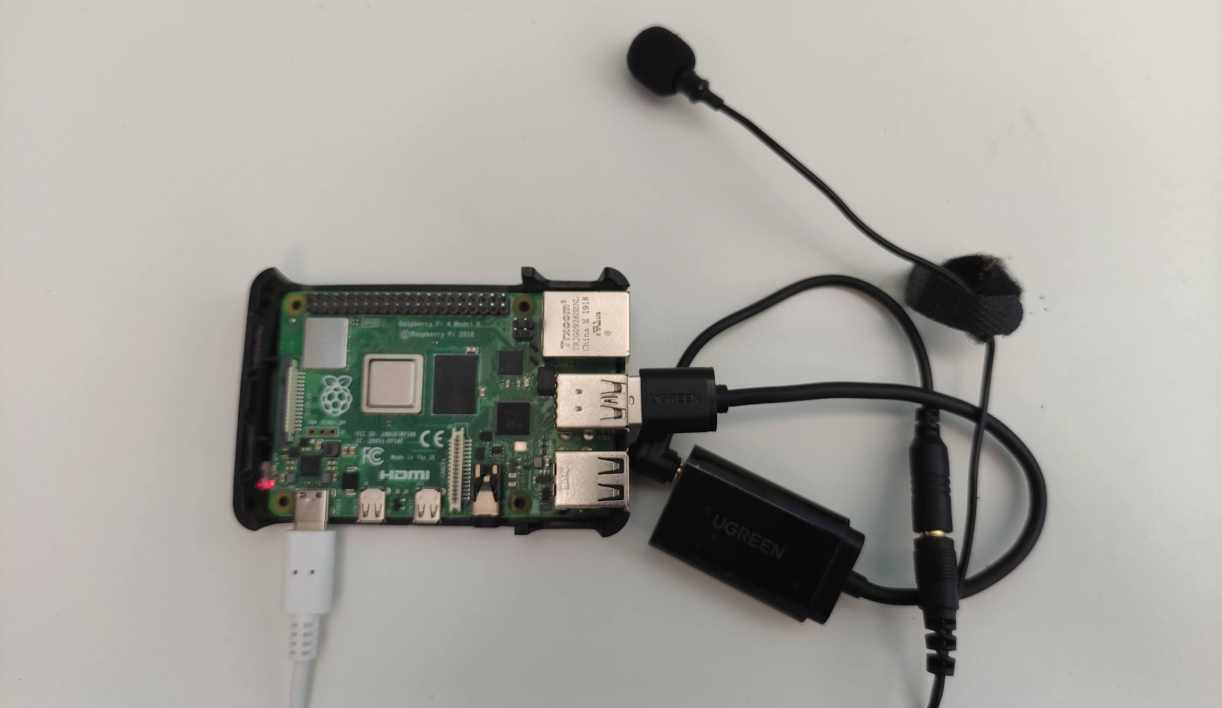 Raspberry Pi 4 with USB sound card adapter and lavalier microphone
