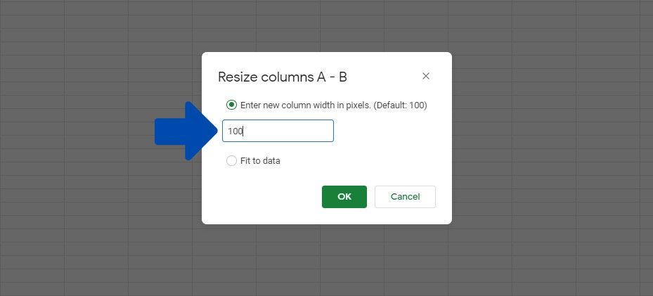Changing the Size of a Row or a Column in the dialog box