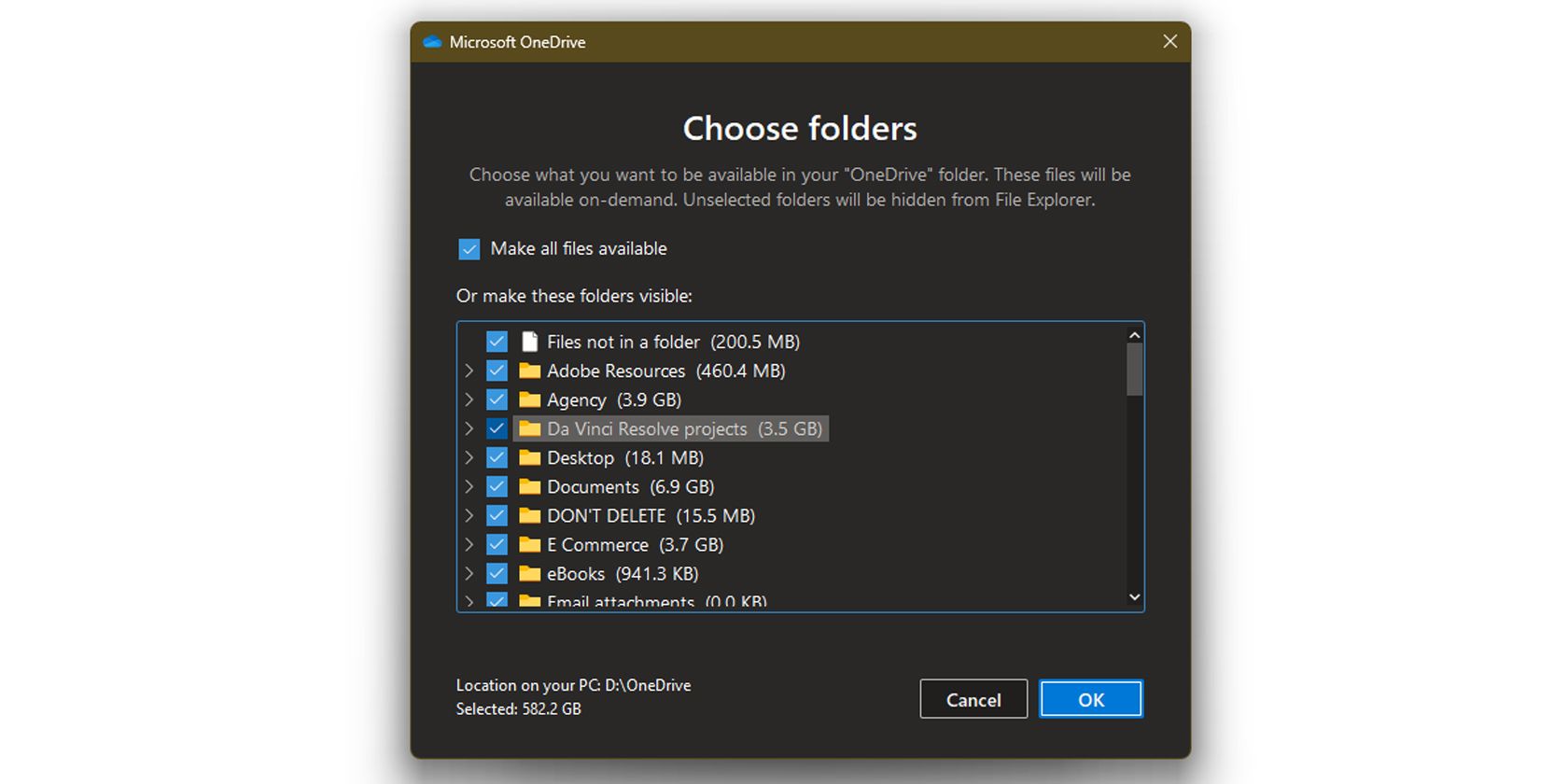 Choose Folders Window for Microsoft OneDrive