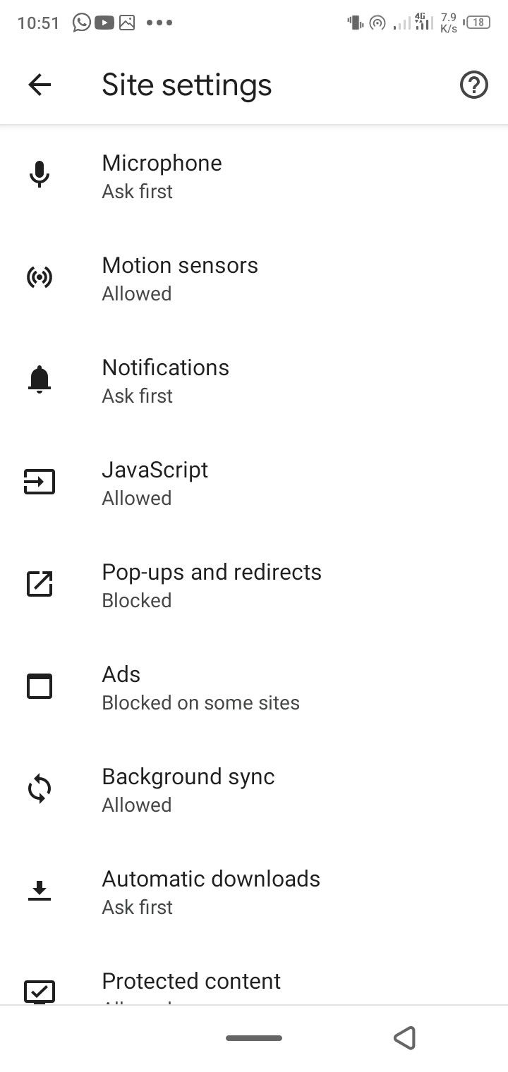 Chrome mobile browser settings menu