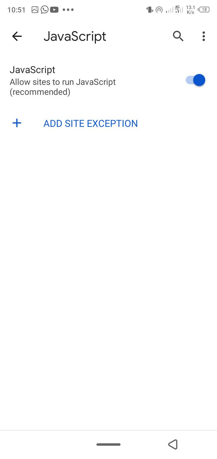 Chrome mobile browser site exception and JavaScript activation menu