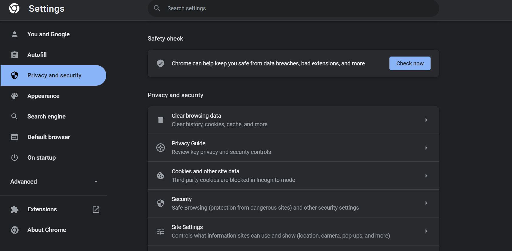 Chrome privacy and security menu
