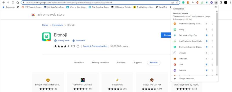 Chrome webstore pinned extensions