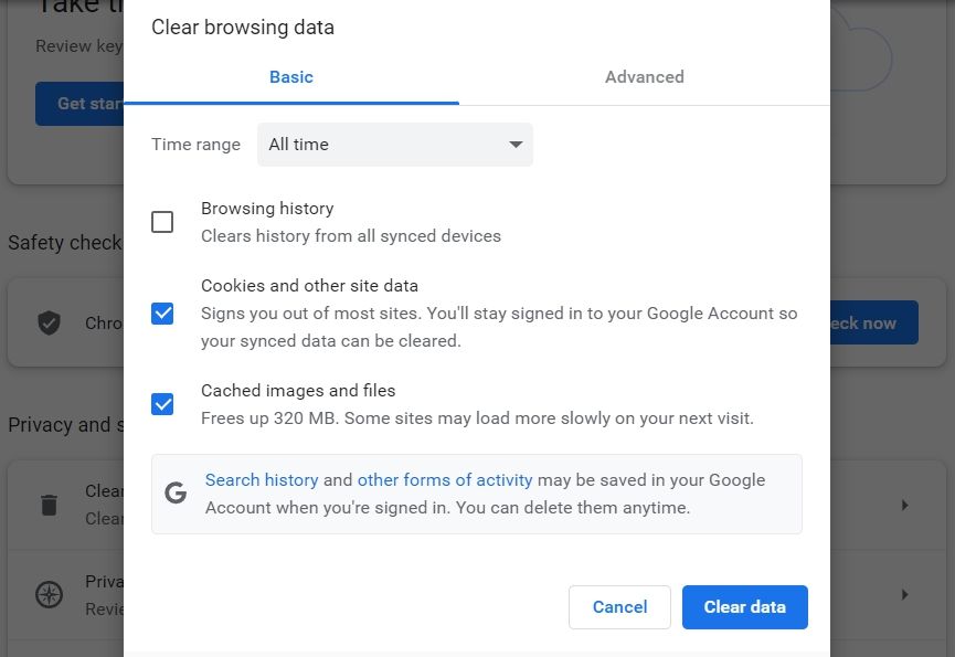Google Chrome Clear Cache Data Option