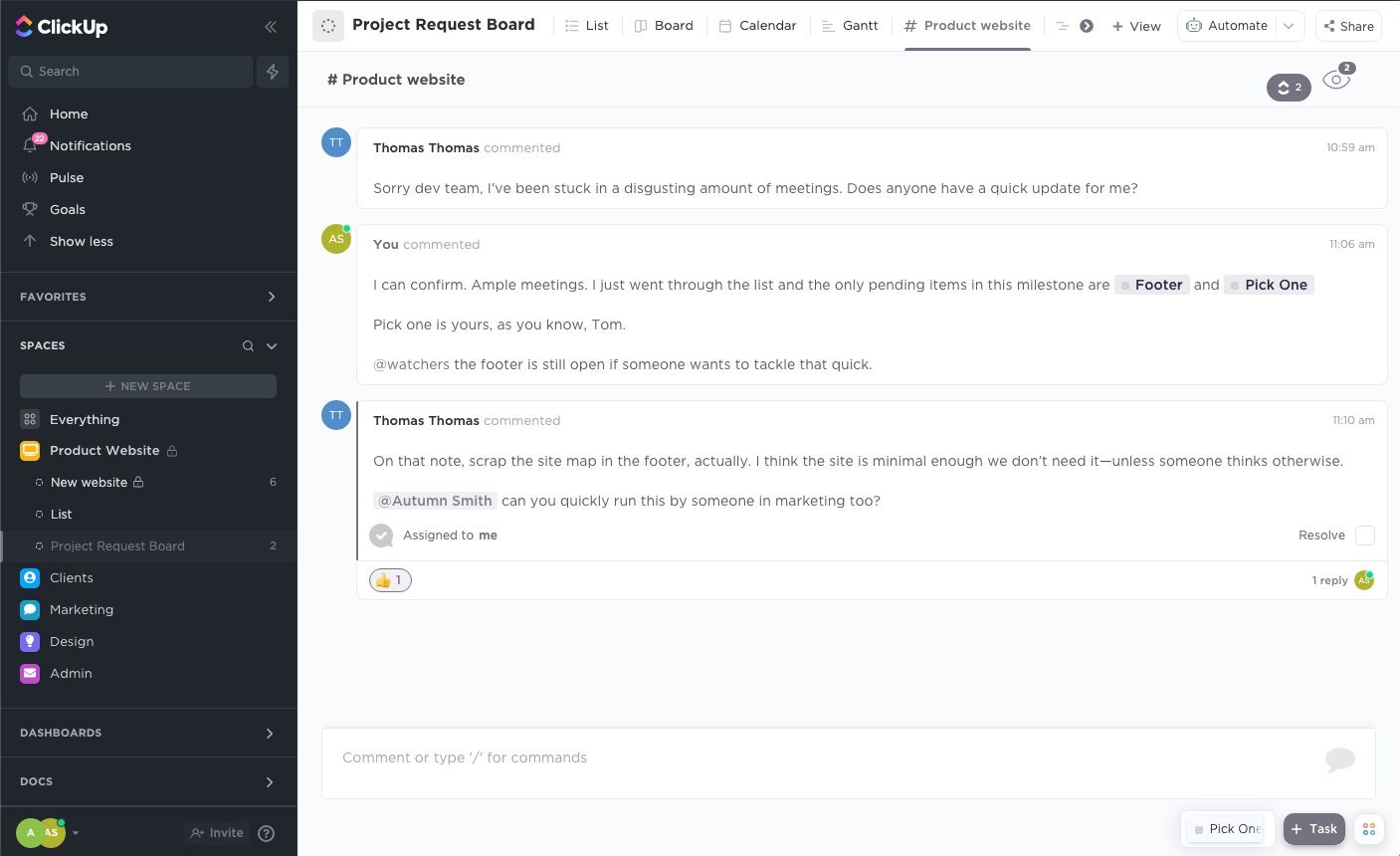 Screenshot of a group chat in project management software