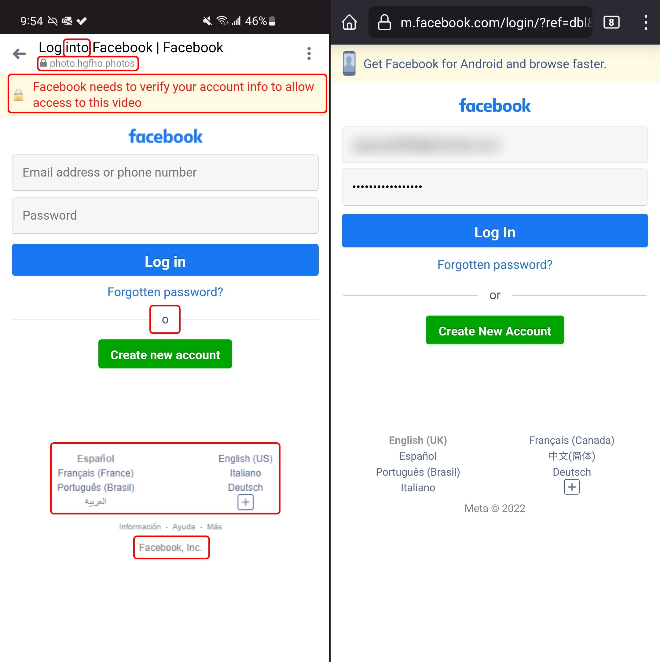 A fake Facebook Login page contrasted with the real one. In the fake page, a fake "we need to verify your account" message is displayed, the URL is not leading to Facebook, the page title and dividor contain spelling errors, the language settings are incorrect for the user, the autofill information is missing, and the footer contains the wrong company name..