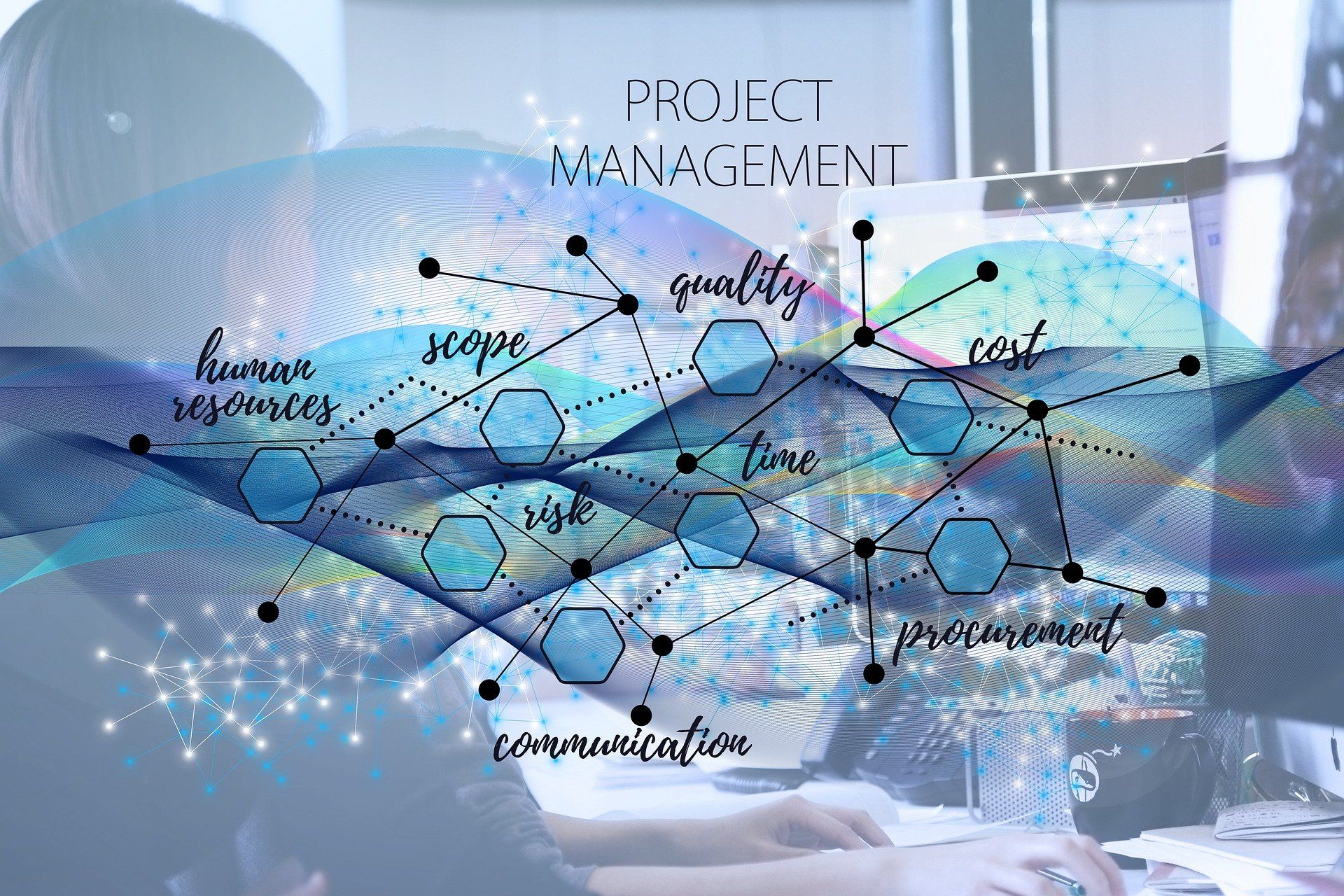 Concept Illustration for Project Management mentioning various skills required for Project Management.
