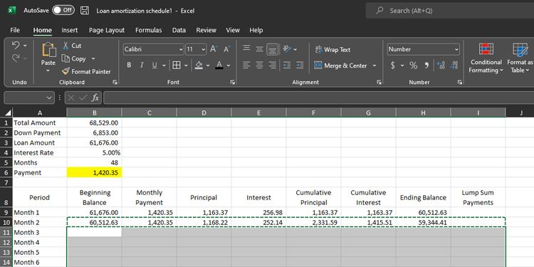 Copying and Pasting the Second Row Formulas Screenshot