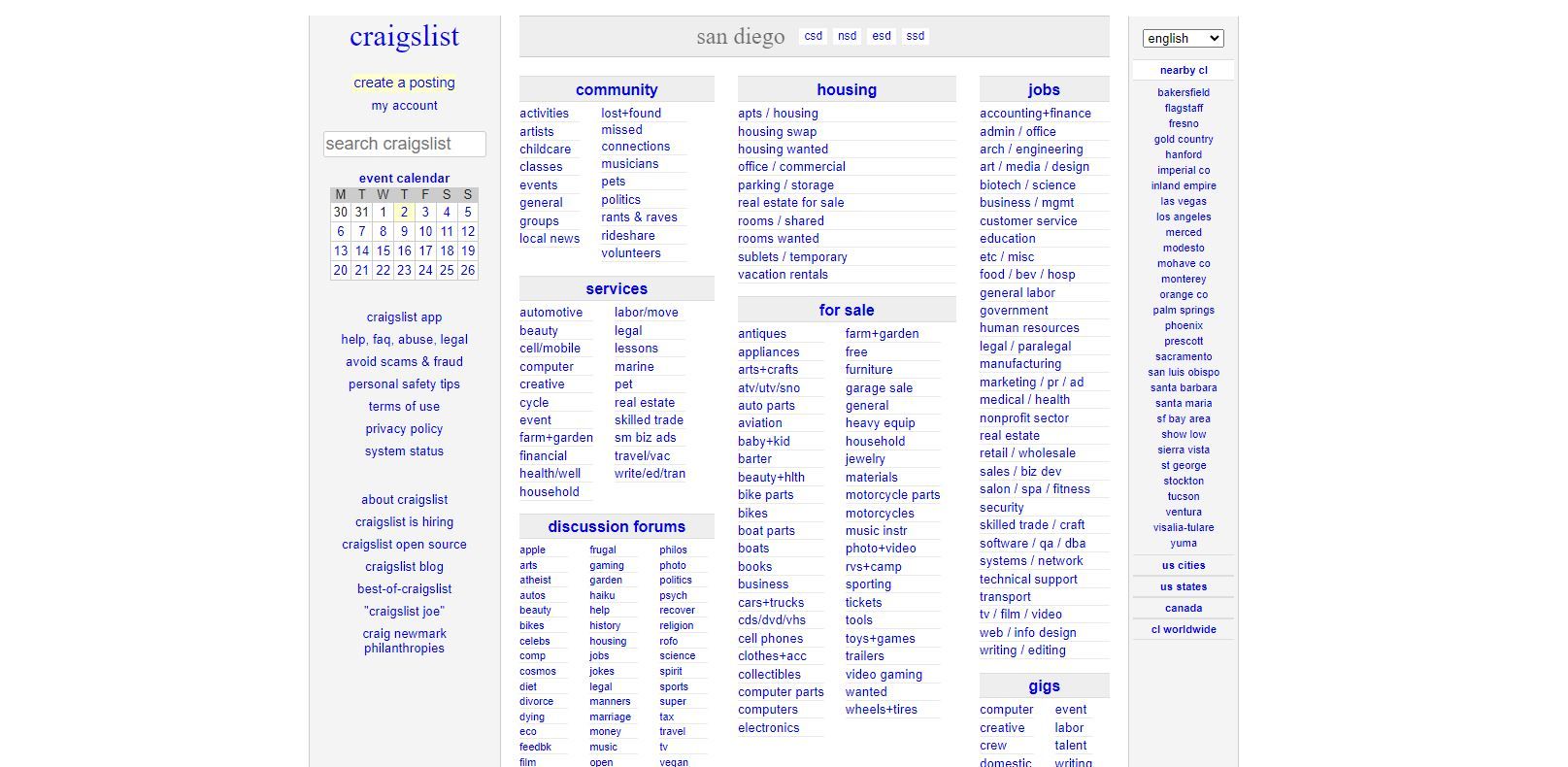 A Screenshot of Craiglist's Landing Page