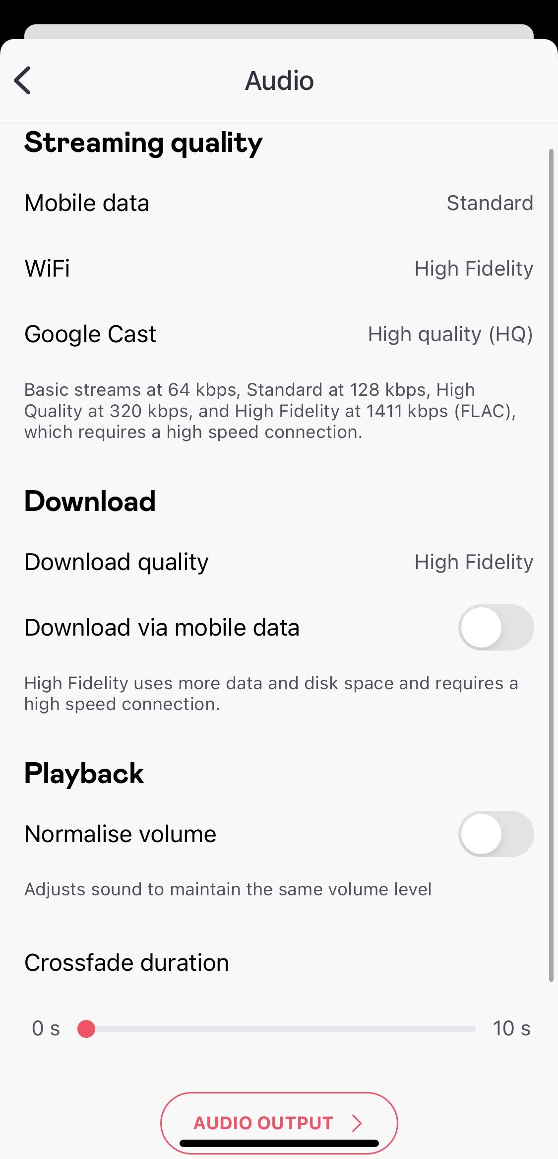 Deezer Premium screenshot showing audio options screen on mobile app