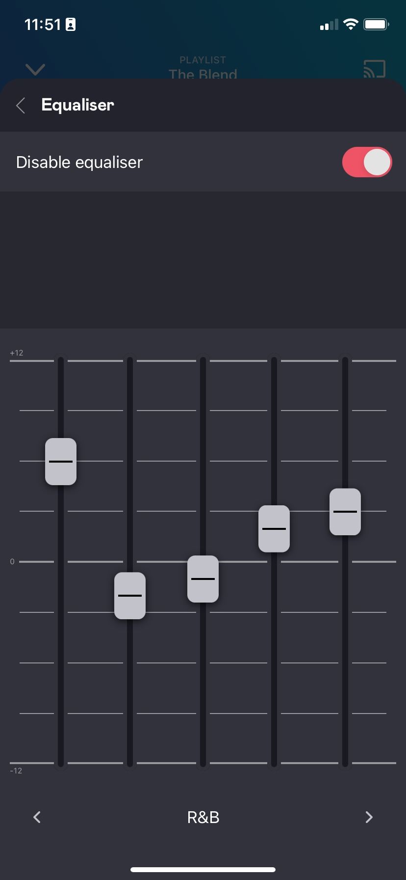 Deezer's Equalizer settings page on iOS