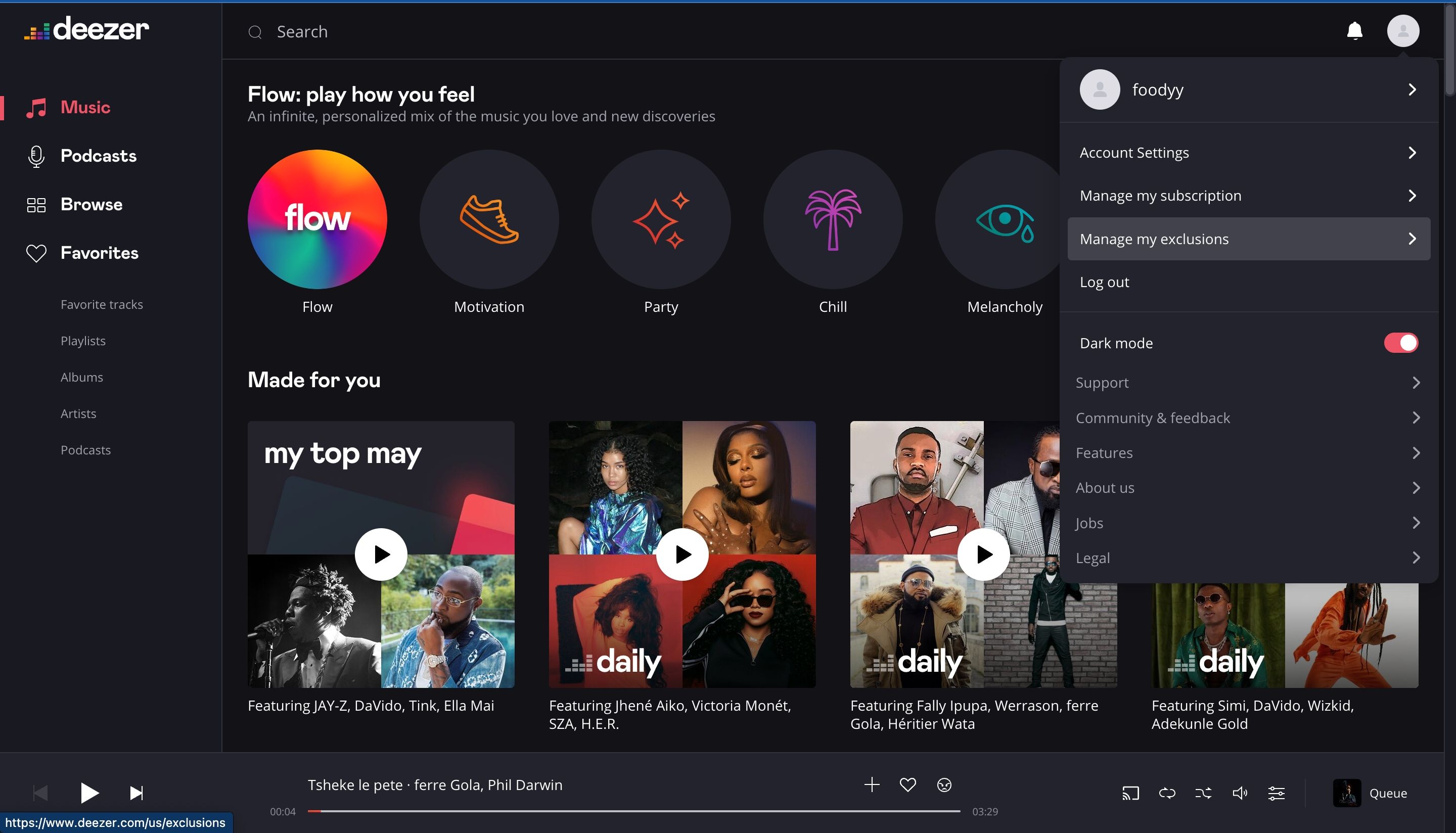 منوی تنظیمات وب Deezer