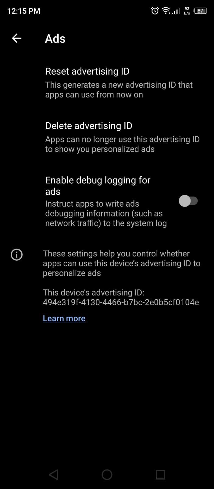 Delete Advertising ID option in Android Settings