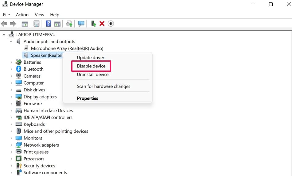 Disable Device in the Device Manager