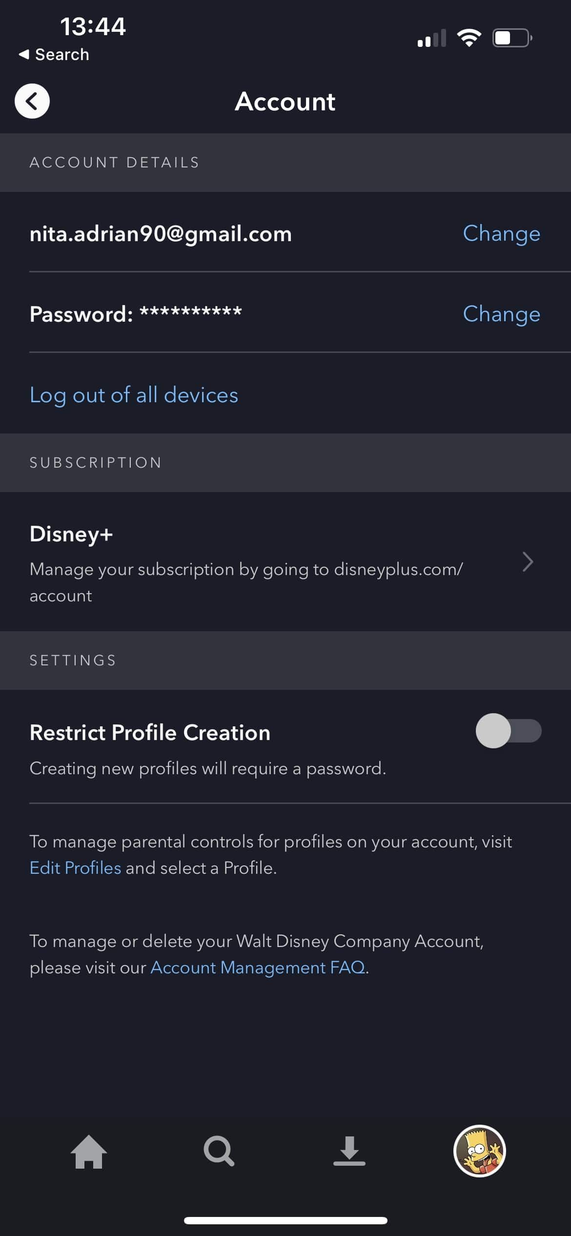 Disney+ App Account page