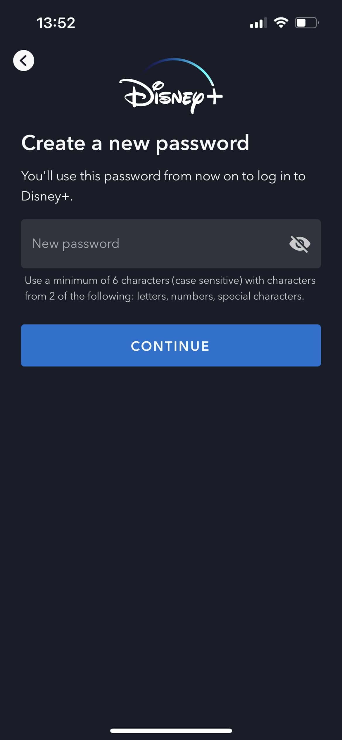 Disney+ App create a new password