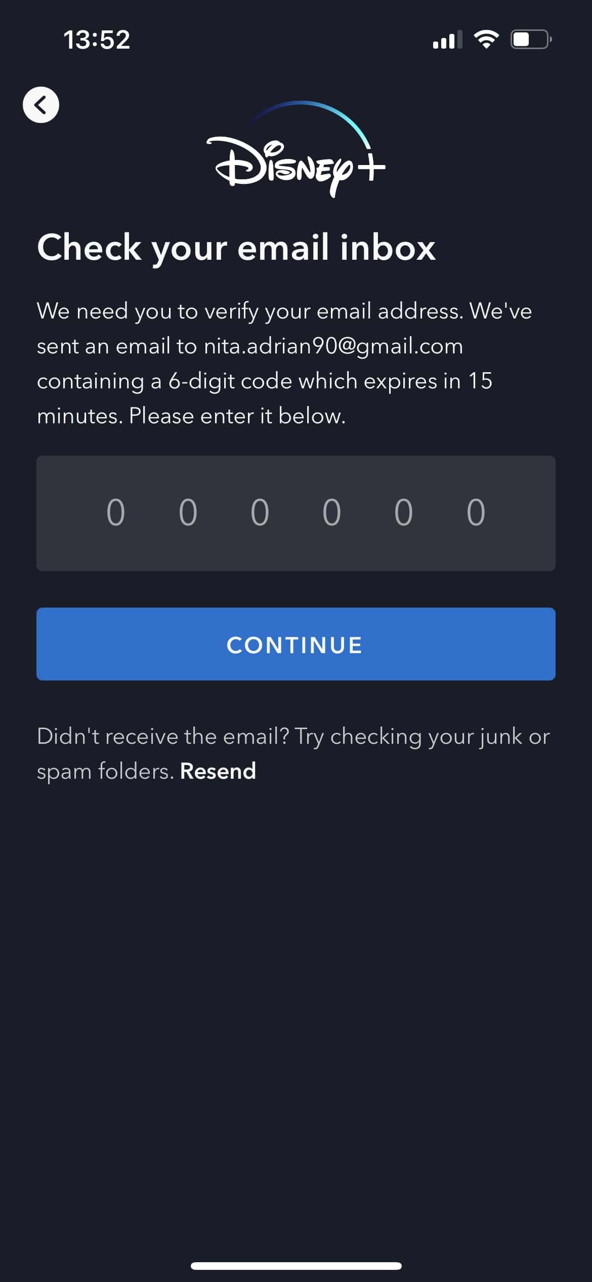 Disney+ App one time password