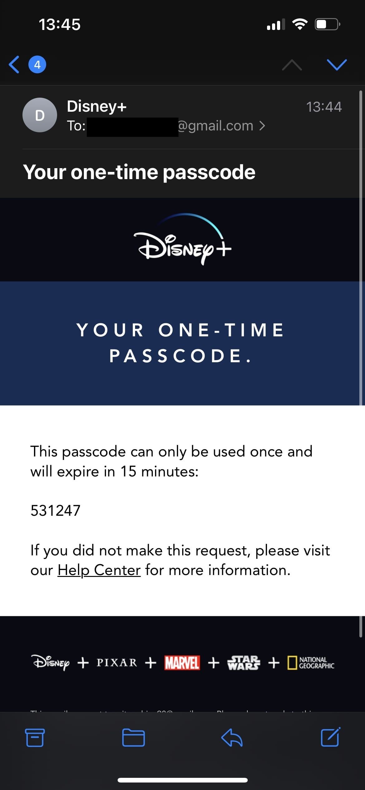 Disney+One time password email