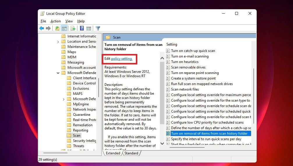 Turn on Removal of Items Policy in Defender Scan Folder