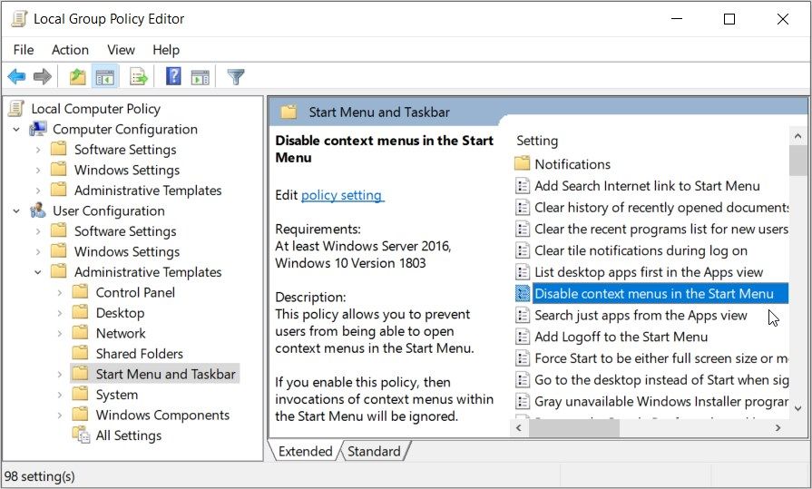 Enable or Disable the Context Menus in the Start Menu using the LGPE