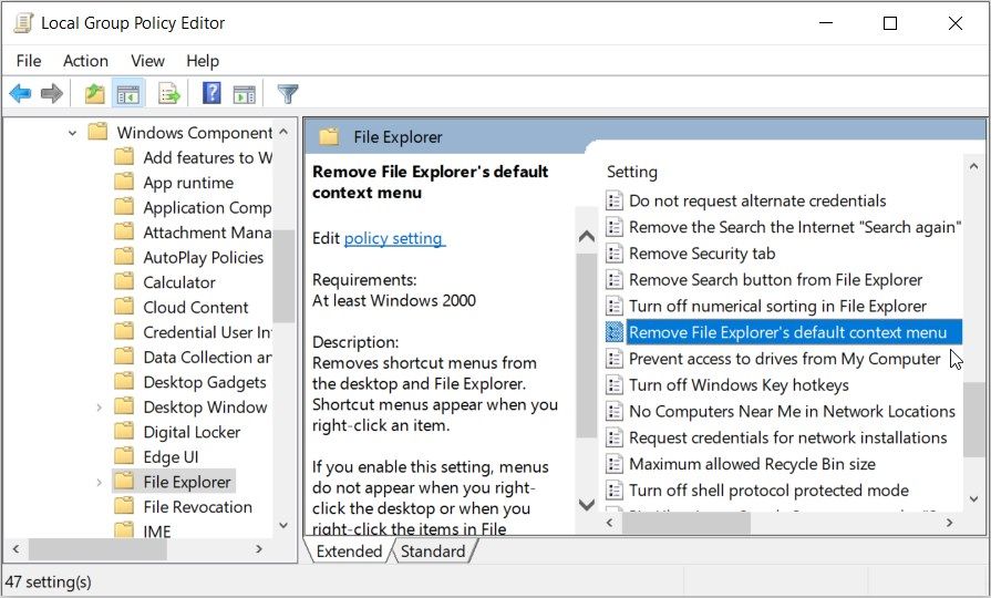 Enable or Disable the File Explorer Context Menu using the LGPE