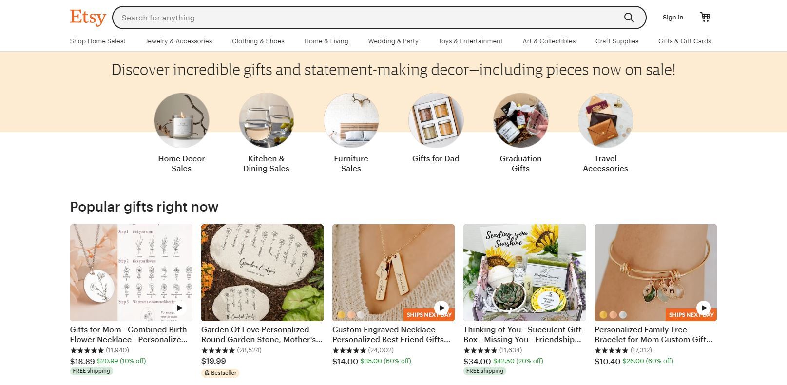 A Screenshot of Etsy's Landing Page