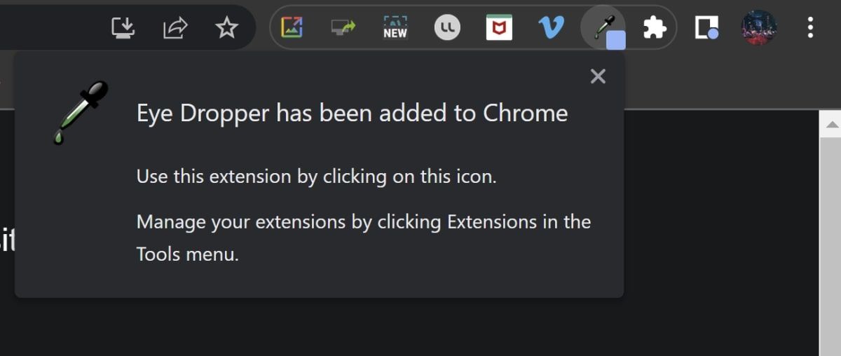 Notification to say that the Eye Dropper tool has been added to Chrome