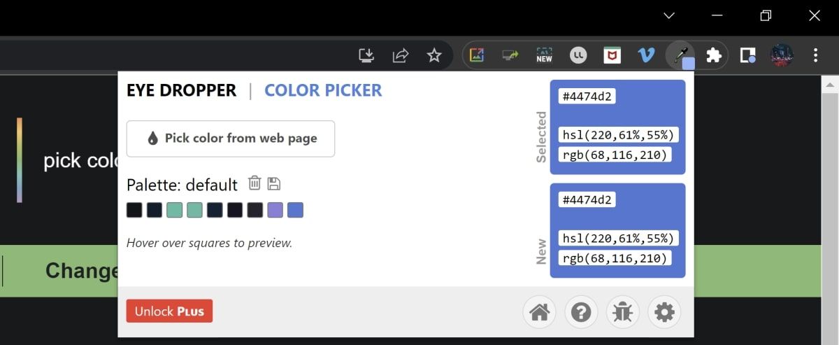 Eye Dropper tool opened, showing the Pick color from web page button 
