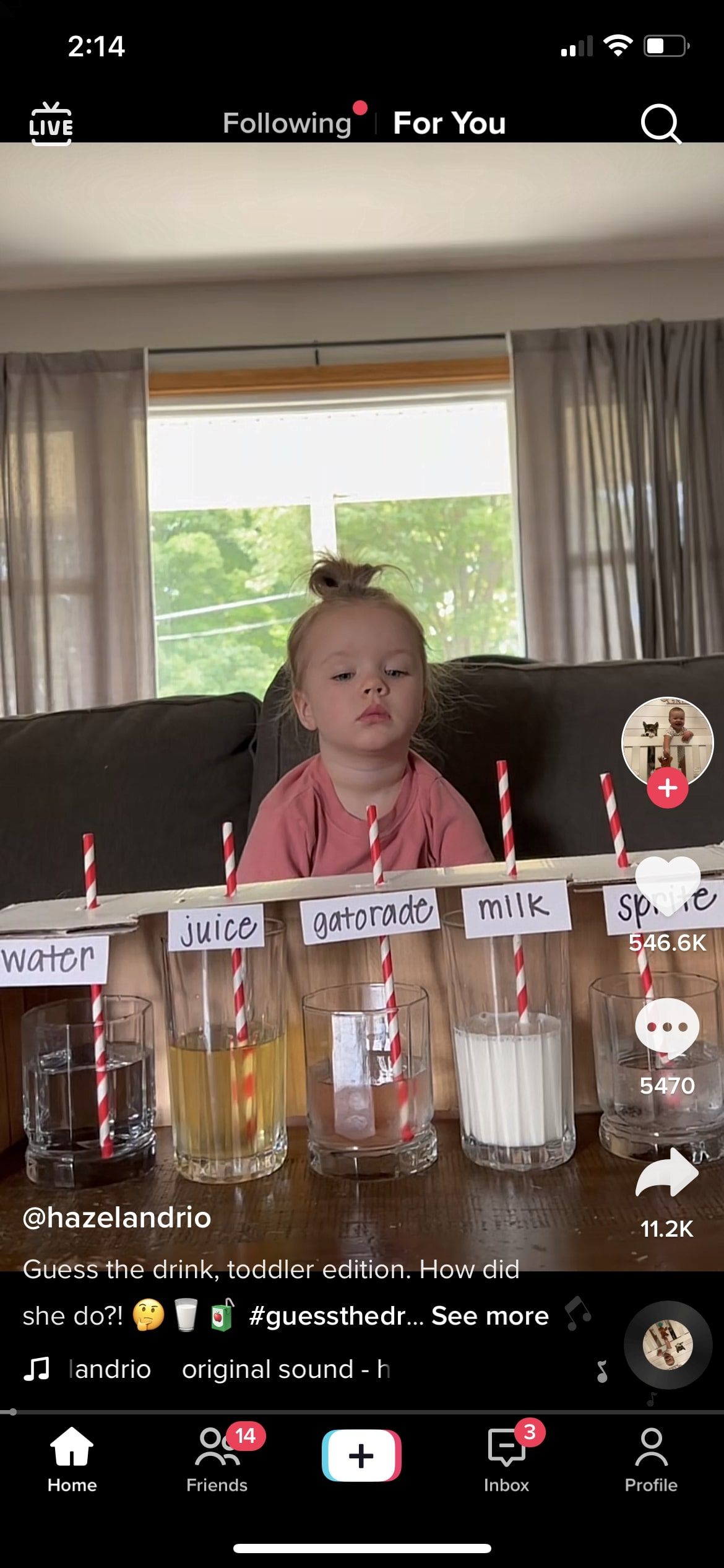 Screenshot of a popular FYP TikTok of a baby guessing each drink