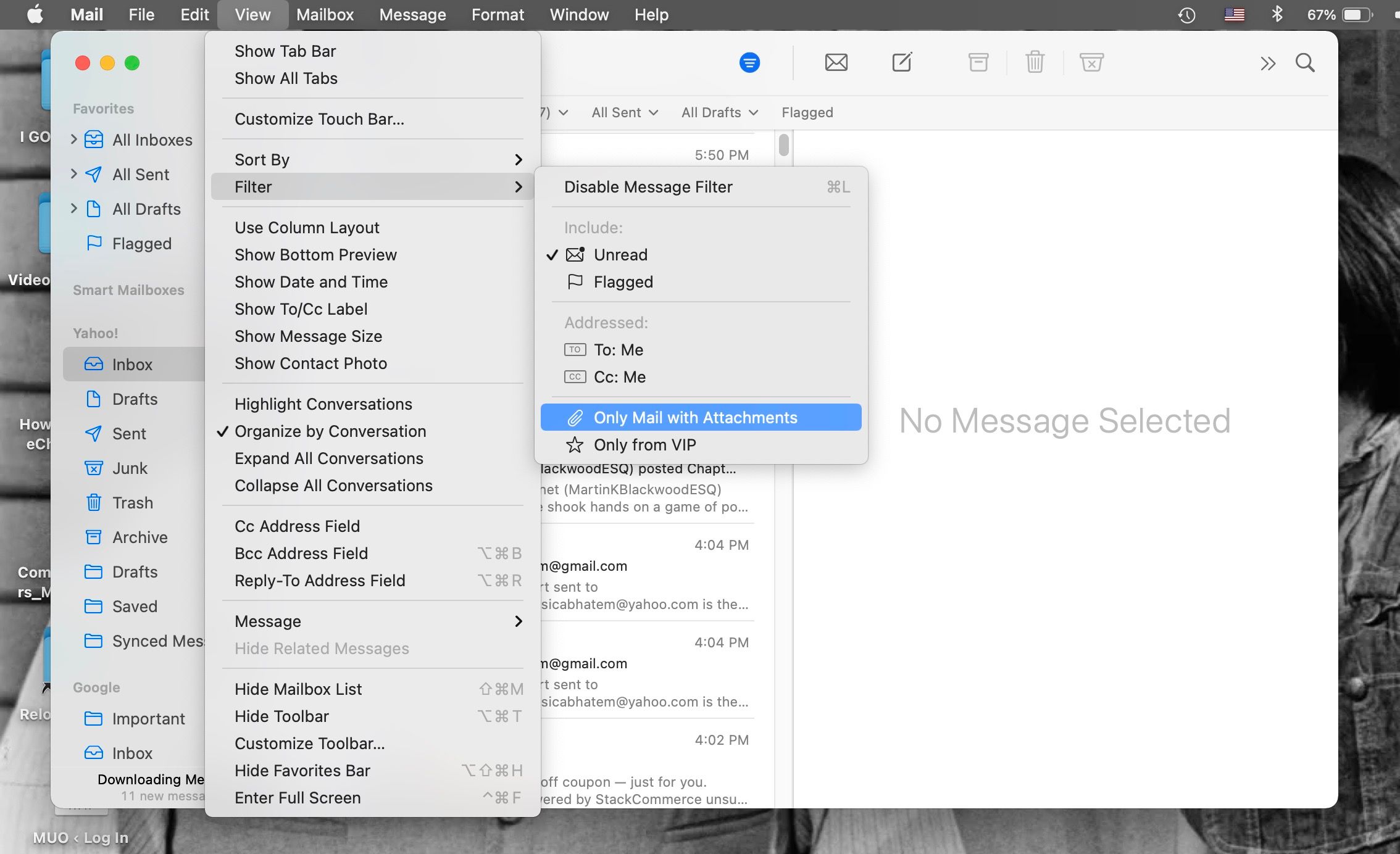 Filter options displayed in Mail for Mac